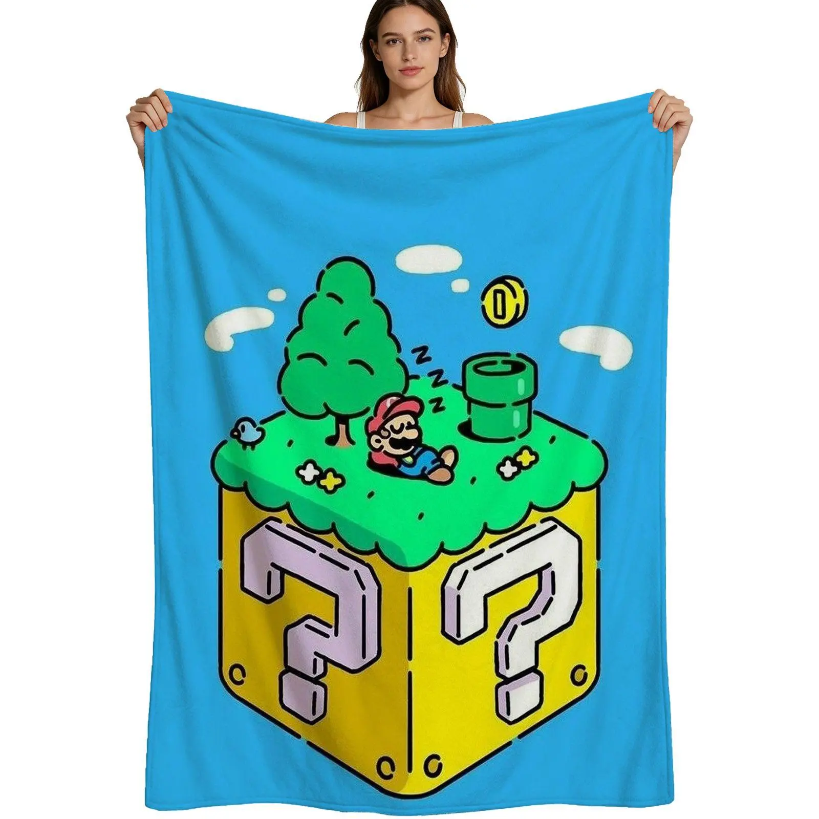 Retro Gaming Style, Warm Flannel Blanket, Super Mario Question Block Design, Soft Plush Fabric With Vibrant Print, For Gamers And Kids Bedroom Decor, 4 Sizes Available Single Pack