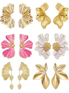 6 Pairs Chunky Gold Statement Earrings For Women Gold Plated Sectored Flower Leaf Shell Angel Wing Earrings Large Stud Earrings Hypoallergenic Earrings