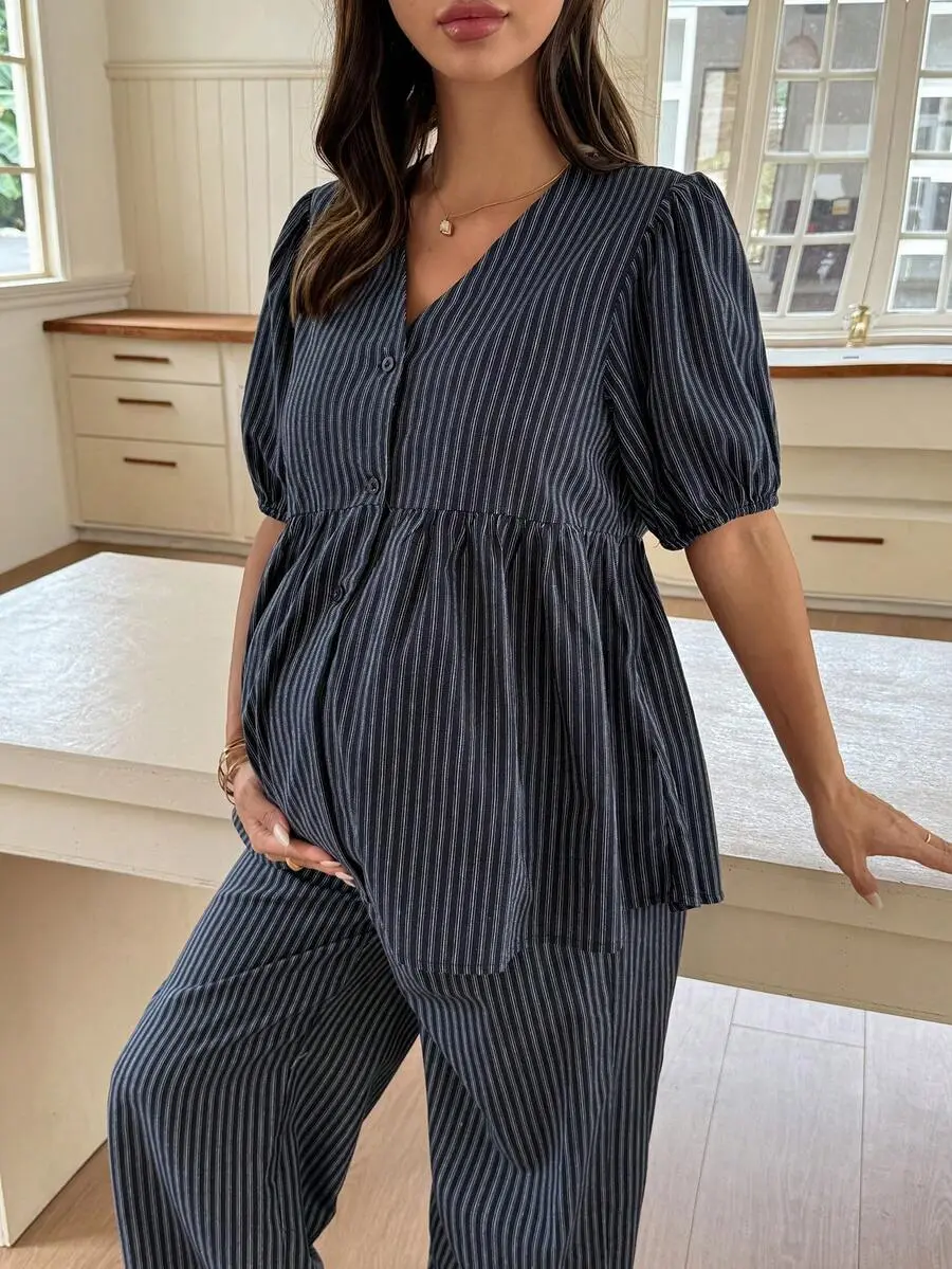 Maternity Fashion Striped Set Loose Short Sleeve Top Long Casual Pants Daily Wear Maternity 2 Pieces Set Summer