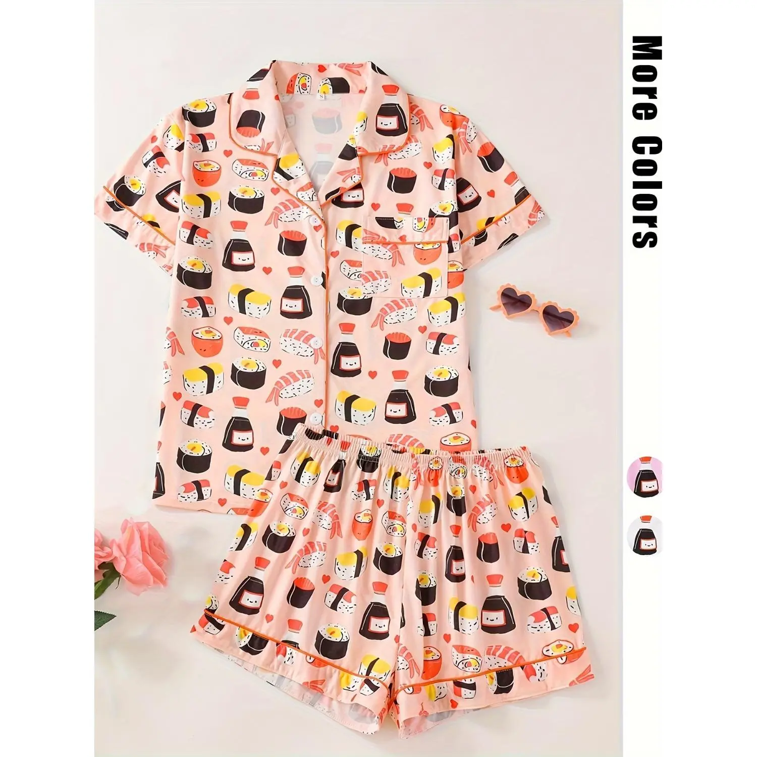 Cartoon Sushi Print Women’s Pajama Set, Collared Button-Up Short-Sleeve Top with Loose Comfortable Shorts, Casual Sleepwear Ensemble