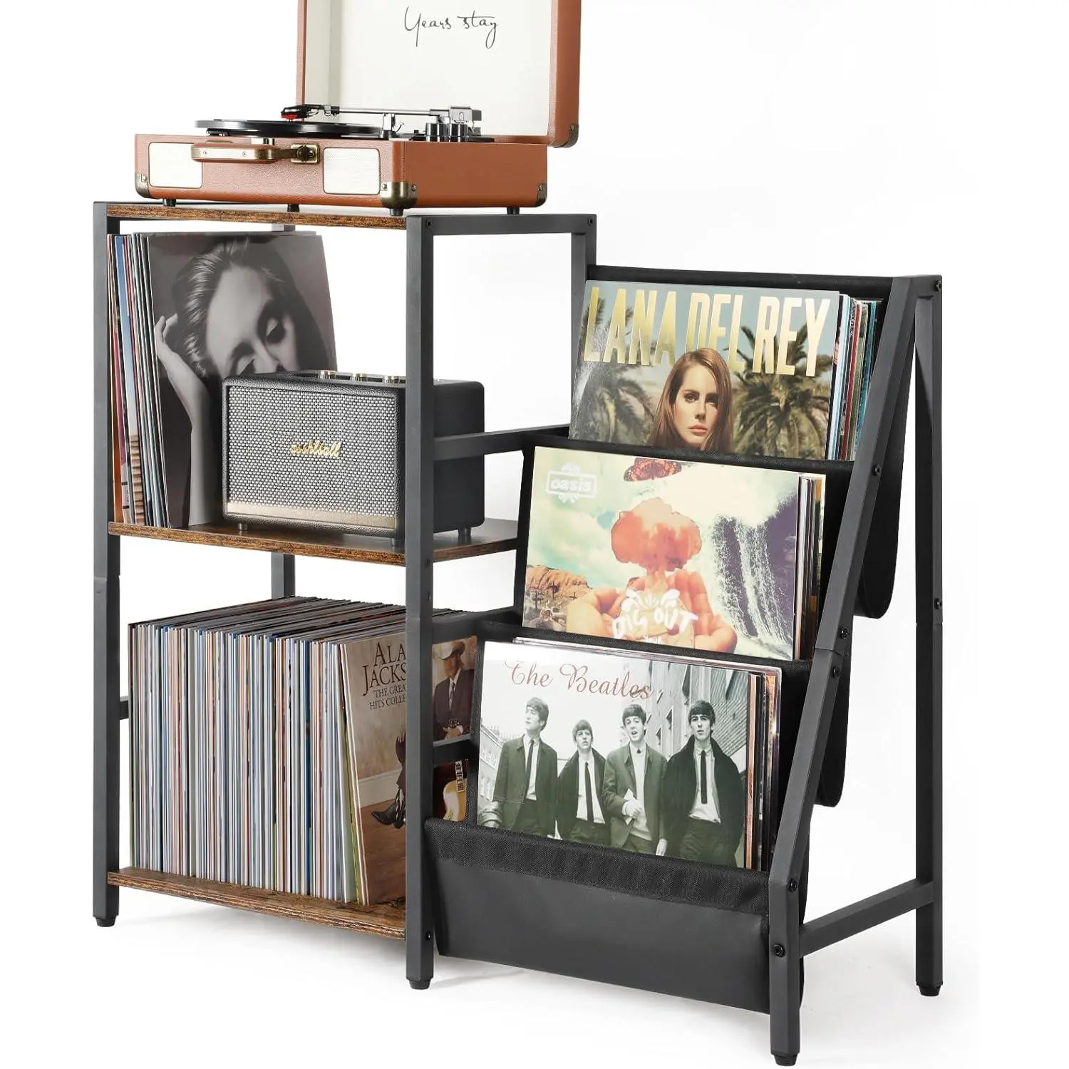 Record Player Stand, Turntable Stand with 3-Tier Vinyl Record Storage, Holds 200 Albums, End Table with Vinyl Display Holder Shelf, Record Player Cabinet Media Console for Stereo