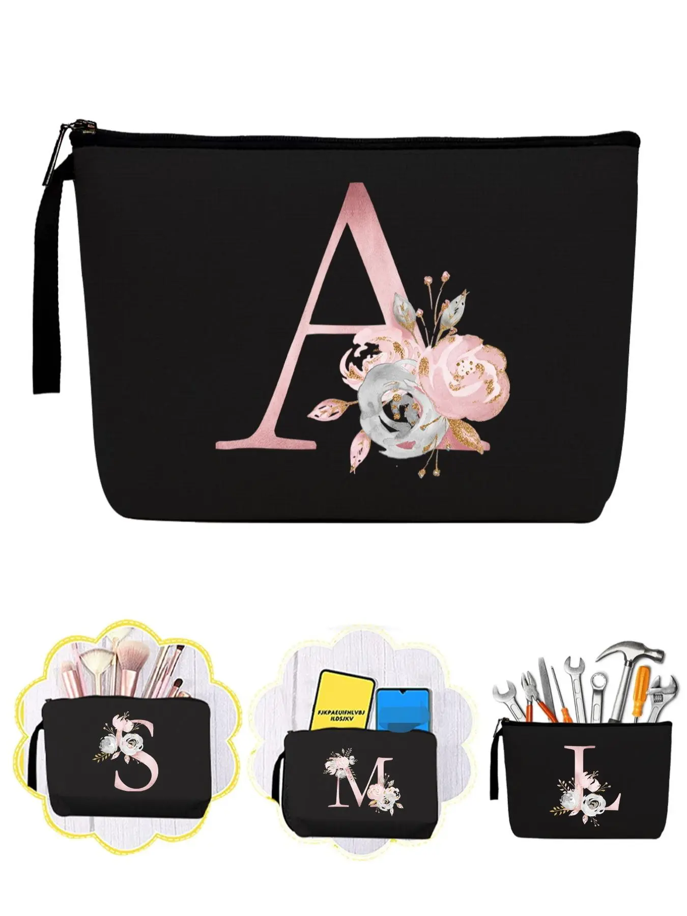 Floral Pattern Portable Makeup Bag, Initial Letter Print Cosmetic Bag, Canvas Cosmetic Organizer Pouch, Canvas Beauty Bag, Makeup Bag for Travel, Travel Essentials, Makeup Storage Bag, Cosmetic Travel Bags, Cosmetics Bag