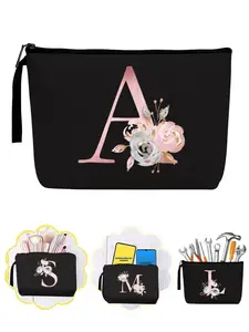 Floral Pattern Portable Makeup Bag, Initial Letter Print Cosmetic Bag, Canvas Cosmetic Organizer Pouch, Canvas Beauty Bag, Makeup Bag for Travel, Travel Essentials, Makeup Storage Bag