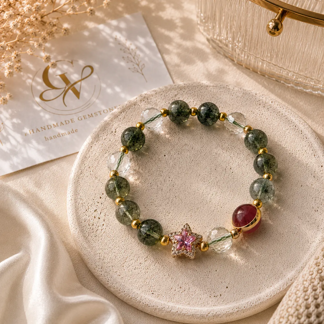 Natural Green Phantom Quartz Bracelet, Handmade Crystal Beaded Bracelet, Clear Quartz Stretch Bracelet, Gift for Her