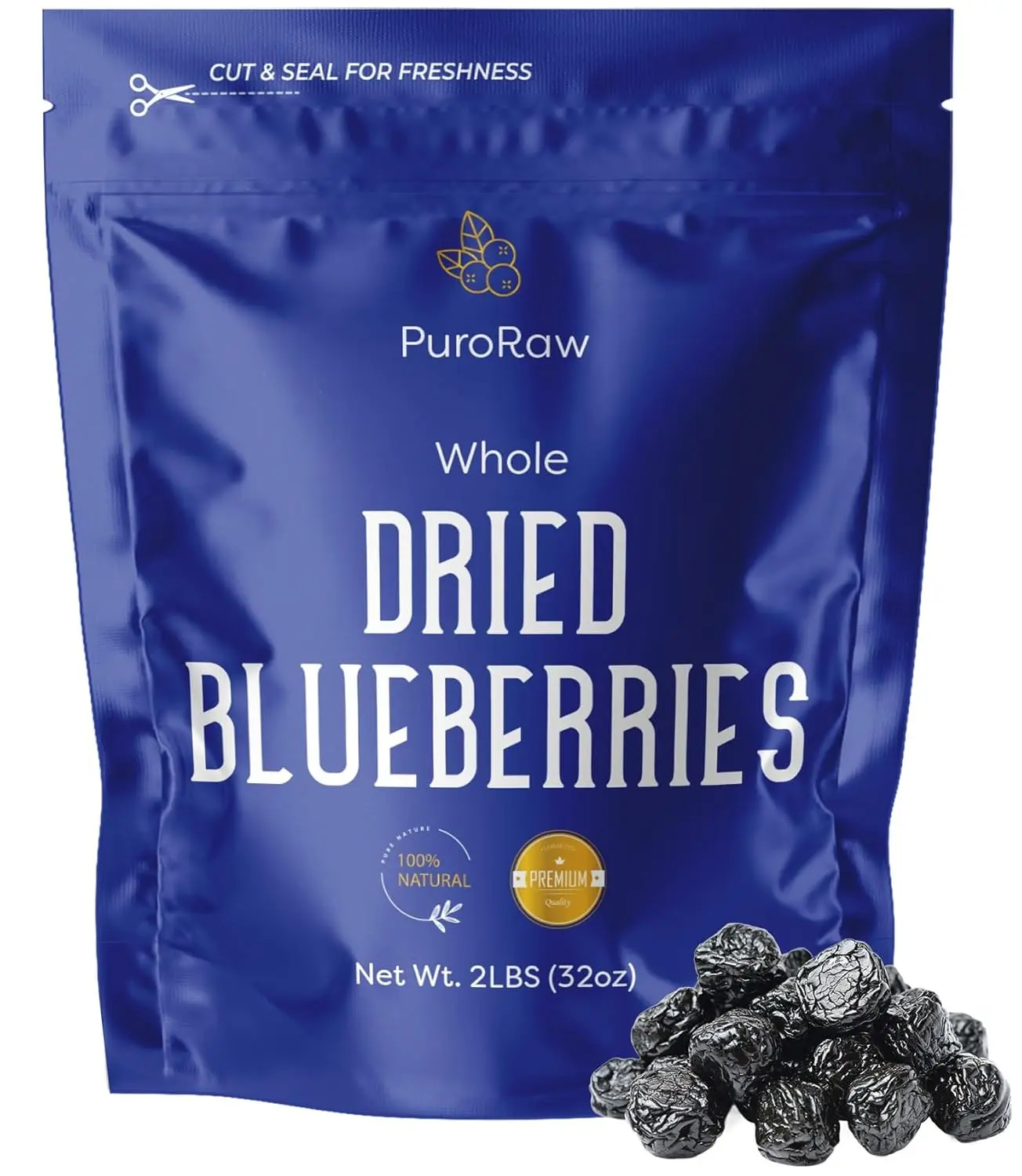 PuroRaw Dried Blueberries No Sugar Added, 2 lbs. Blue Berries Fruit, Dehydrated Blueberries Fresh Dried Blueberries Bulk, Blueberry Raisins. All Natural, Non-GMO, Batch Tested, 2 pounds