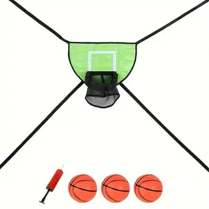 [Home Relaxation] Adjustable Trampoline Basketball Hoop with Backboard, 1 Air Pump & 3 Balls - Green/Blue PVC Wall-Mounted Design for Home Fun, Basketball Accessories