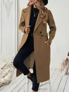 Elegant Women's Long Sleeve Long Coat, Classic Simple Style Lapel Button Woven Waistcoat, Vintage Fashion Slimming Fitted Warm Outerwear, Versatile Winter Jacket