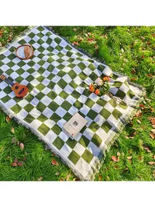 1pc Of French-Style Square Green Matcha Picnic Mat With Tassels,Outdoor Blanket, 130X180CM Foldable Blankets Gingham Picnic Mat For Beach, Camping Grass Lawn Park Accessories Cute Couple Gifts Ideas Wedding Registry, Lightweight Picnic Mat|Green Matcha