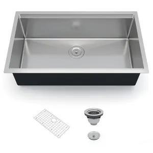 Garvee 33x19 Inch Undermount Kitchen Workstation Sink, Single Bowl with Integrated Ledge, Brushed 304 Stainless Steel, 10 Inch Deep, Includes Bottom Grid & Drain Assembly