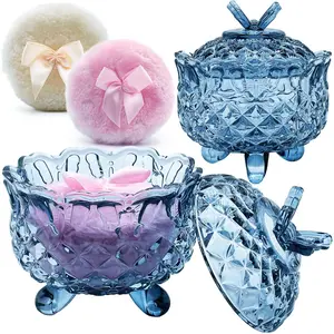 4" Crystal Glass Body Powder Puff Container with 2 Fluffy Puffs,Cute 3.5" Soft Dusting Powder Puff and Jar Set(Butterfly-gray blue)