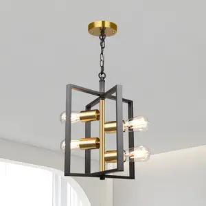 Modern Industrial 4-Light Chandelier, Black Metal Cage with Gold Accents, Adjustable Chain Pendant Light for Kitchen Island, Dining Room, Entryway