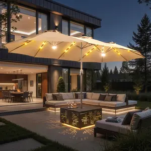 【Summer Vibes】Ovios 15FT Double-Sided Patio Umbrella with 36 LED Solar Lights & Super Bright Dual Center Lights, Base Included, Metal Shiny Coffee Table with Umbrella Hole Available, Large Outdoor Umbrella for Backyard Pool Deck