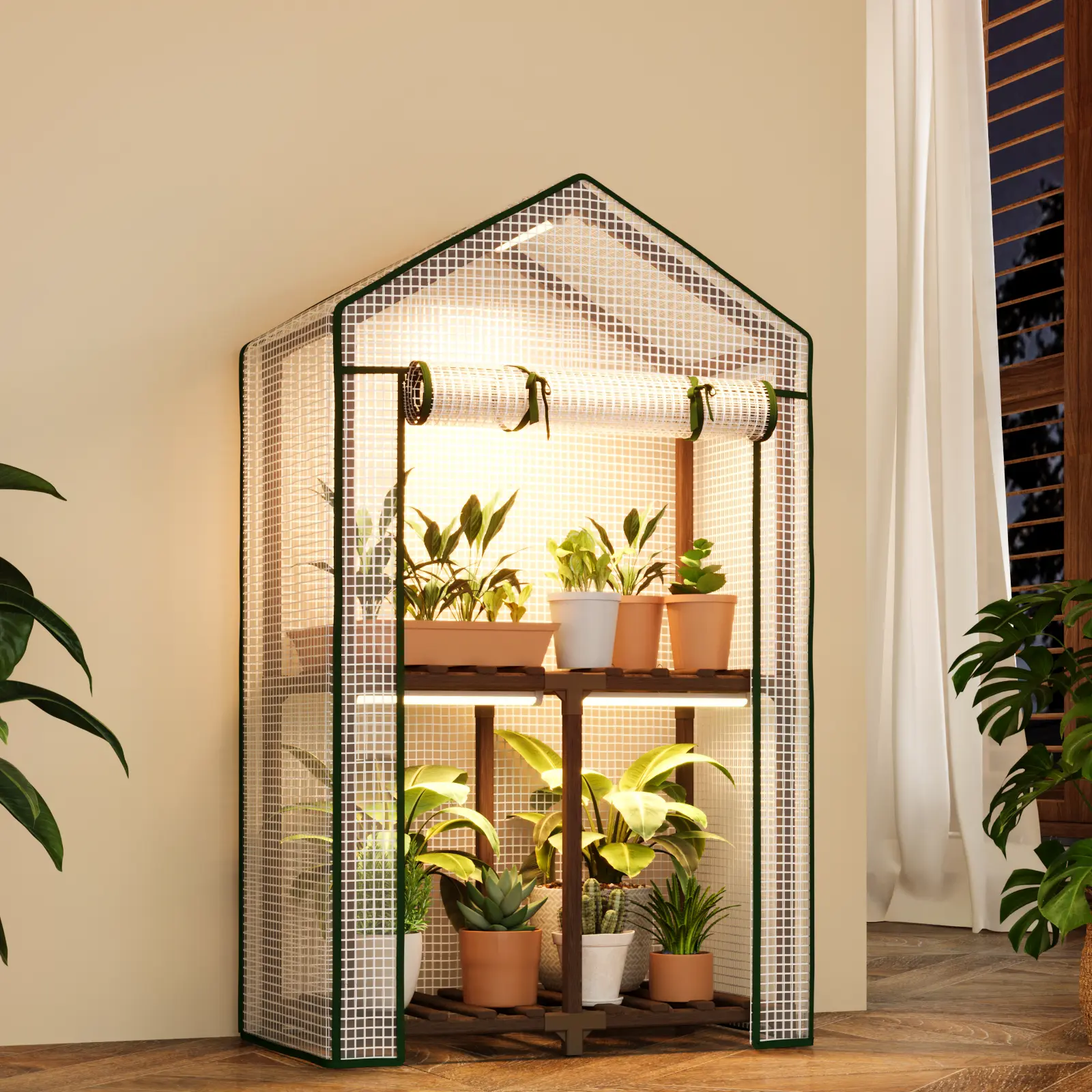 Bamworld 2-Tier Mini Greenhouse - 22-in Wide Eucalyptus Wood Rack, Reusable Portable Warm House with PE Cover, Enhanced Stability Wood Structure, Winter-Proof for Indoor/Outdoor Plant Protection, Special Inner Design, 3-Tier 22" Space, 16-in Tall/Height,