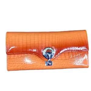 Women's Orange Crocodile-Embossed Wallet with Silver Buckle and Patent Finish with view window