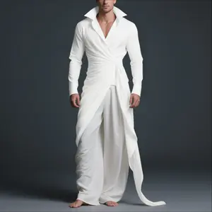 INCERUN Men's Fashion Greco-Roman V-Neck Wrap Tunic - Natural Fabric, Elegant Simple Plain Longline Shirt with Asymmetrical Draped Hem, Island Vibe Top for Modern Dance, Stage Performance & Trouser Pairing