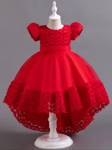 Girl's Contrast Mesh Bow Decor Zipper Back A Line Dress, Elegant Puff Sleeve Round Neck Party Dress for Performance Wedding Guest, Kids Clothes for All Seasons