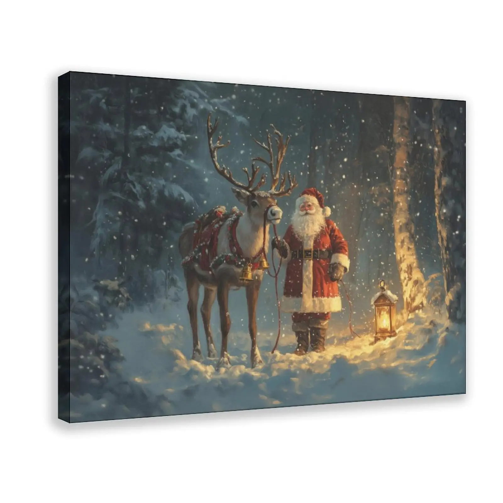 Vintage Santa Claus & Reindeer Snowy Forest Poster, Christmas Wall Art Print, Moody Cottagecore Home Decor Painting, Holiday Gift