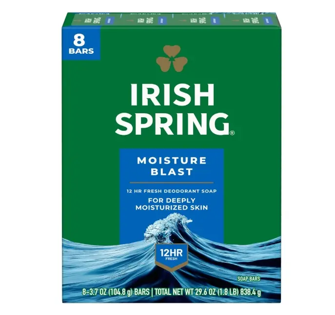 Irish Spring Moisture Blast Deodorant Bar Soap for Men, 3.7 oz Bars, 8 Pack, Long-Lasting Fresh Scent, Deodorant Bar Soap for Daily Cleansing, Rich Lather, Men's Body & Face Soap Body Care Body Wash