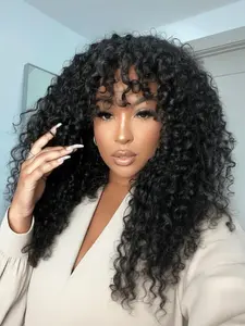 20 Inch Burgundy Reddish Brown Highlight Dark Root Curly Wig With Bangs Fluffy Shaggy Layered Synthetic Wig, Synthetic Fiber Wigs, Premium Fiber Blend Full Machine Made Scalp Top Glueless Blonde Highlight Daily Party Heat Resistant Wig