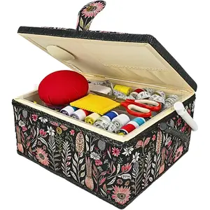 Wooden Sewing Basket with Removable Tray Built-In Pin Cushion, Large Sewing Box for Sewing Supplies for Beginners Experts, Vintage Black
