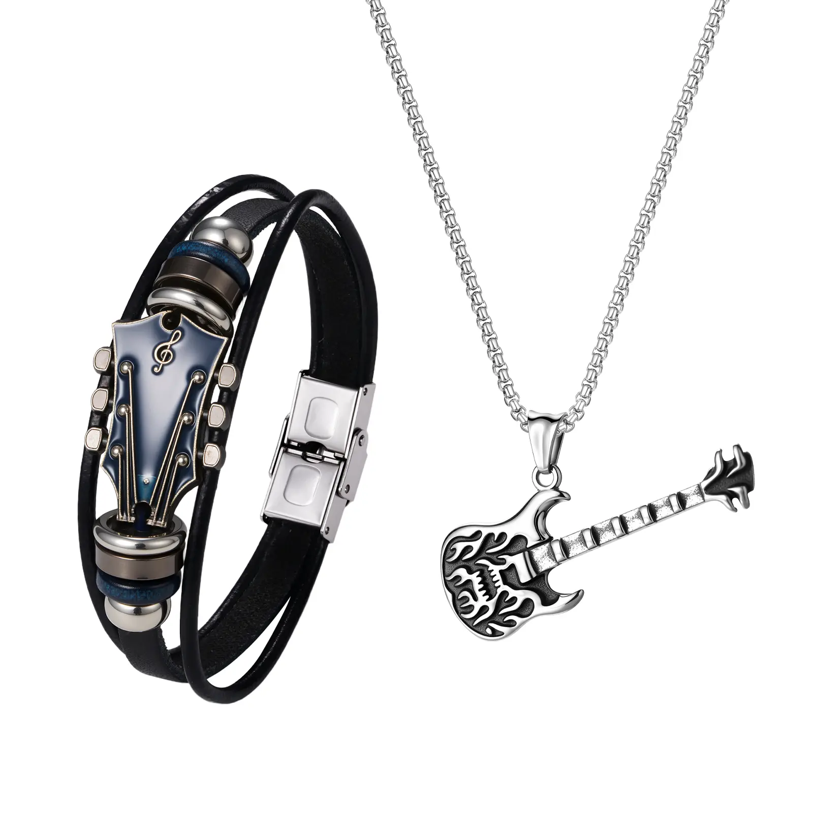 OIDEA Edgy Jewelry Sets for Men, Stainless Steel Guitar Pick Necklace and Adjustable Punk Leather Bracelet, Rock Musical Accessories, Musical Jewelry, Men's Jewelry