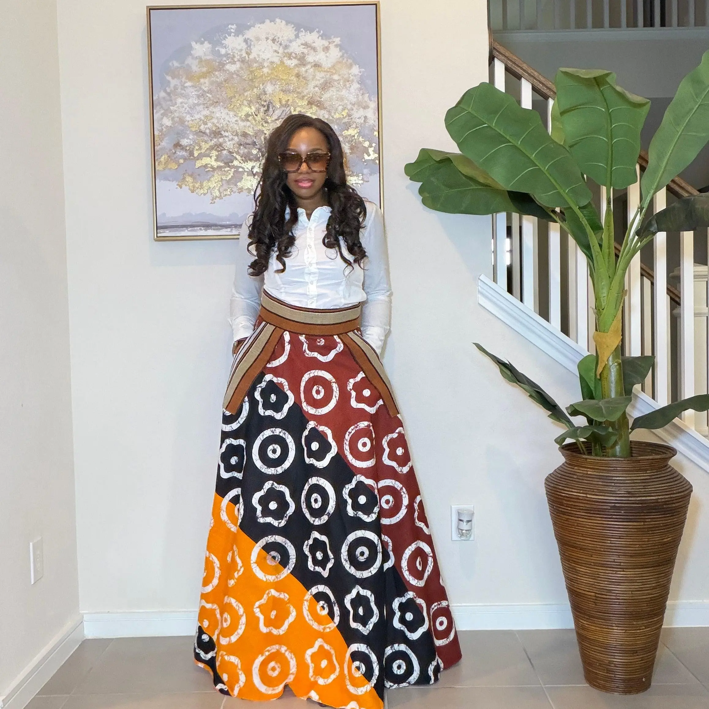 African Ankara Maxi Skirt, High Waist Skirt with Aso Oke Pockets