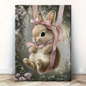 [2D Flat] 1 Unique Style Solid Canvas Painting Charming Swing Rabbit Pink Lace Butterfly Festival Perfect For Home Decoration, Festive Occasions And Gifts For Him/her. Suitable For Living Room And Bedroom, Ready To Hang