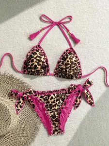 AQUAREA Women's Retro Colorful Leopard, Zebra, Floral Print Frill Halter Neck Tie Tassel Decor Beach Bikini Set