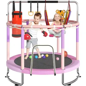 Mini Round Trampoline for Kids with Basketball Hoop, 55" 60"Toddler Trampoline Indoor & Outdoor, 440lbs Capacity Baby Trampoline with Enclosure, No-Gap Safe Design,,Swing,Sandbag,Ring,Ocean Balls,Gifts for Boys&Girls,