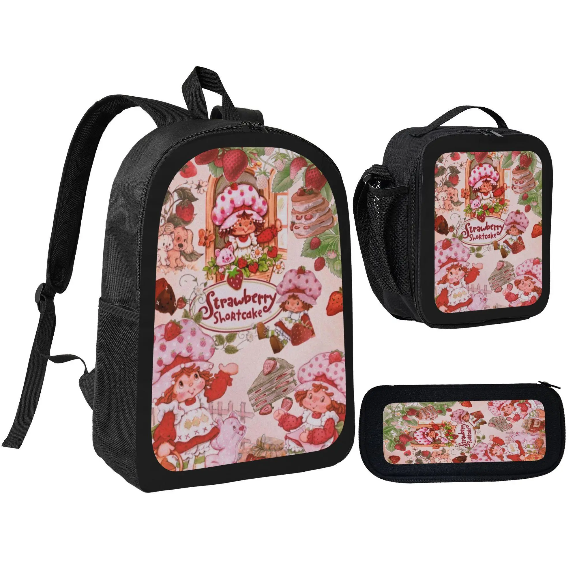 [3Pcs Backpack Set] Strawberry Shortcake Cartoon Pattern With Lunch Bag Pencil Pouch School Bag For Girls Kids Students-1