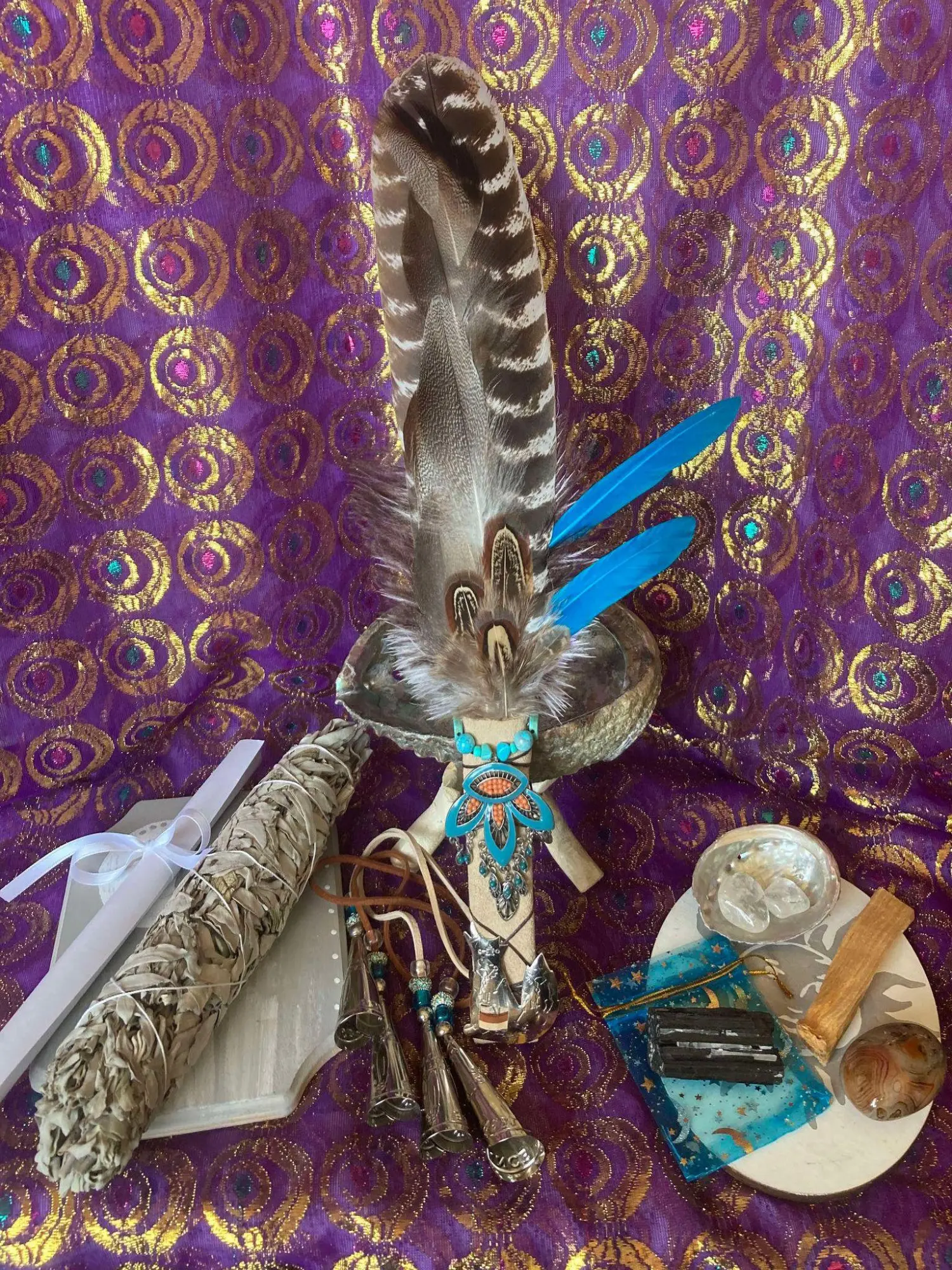 Dream of Magic Complete Smudge Kit Wolf Coyote or Fox Spirit Animal Fan 9" Smudge Stick Palo Santo Wood OOAK Gift Lavender Light Sage Handcrafted Artisan Fan with Holy Palo Santo Wood and Jingle Dress Cones Set
