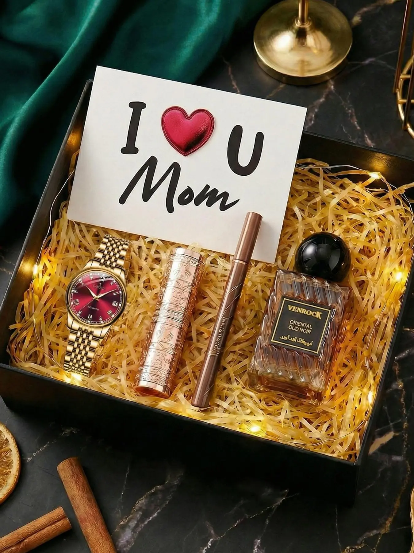 6-piece women's golden red light luxury high-end bright and beautiful fully automatic tourbillon business style Mother's Day gift giving with eyeliner liquid pen lipstick perfume light with greeting card combination mechanical watch set