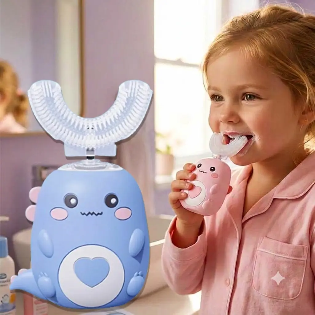 Kids Rechargeable U-Shaped Head Sonic Electric Toothbrush - 360° Automatic Cleaning, 3 Modes, 3 Brush Heads, IPX7 Waterproof, Bite Resistant Cartoon Dinosaur Design for Building Good Habits