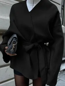 Women's Casual Fashion Long Sleeve Lace-Up Jacket, Plain Woven Fabric, Fitted Design, Fall & Winter Daily Wear Outerwear Coat, Womenswear