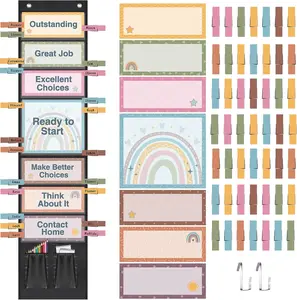 Back to School Classroom Jobs Pocket Chart Behavior Pocket Chart Class Helpers Clip Chart Classroom Jobs Cards with Clips & Hooks for Teacher's Helper Classroom Management Supplies Bulletin Board Set Primary Classroom Set Up