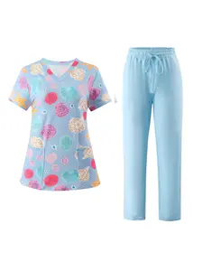 Women's Nursing Uniform Set Short Sleeve Nurse Top Pants Health Workwear Comfortable Fit Cute Cartoon Shell Digital Print Uniform Advantage Scrubs Medical Scrubs