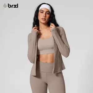 BRXL Women's Slim Fit Long Sleeve Zip Up Sports Jacket - Lightweight Stretch Fabric, Side Pockets, Athletic Outerwear for Gym, Running, Casual Street Style