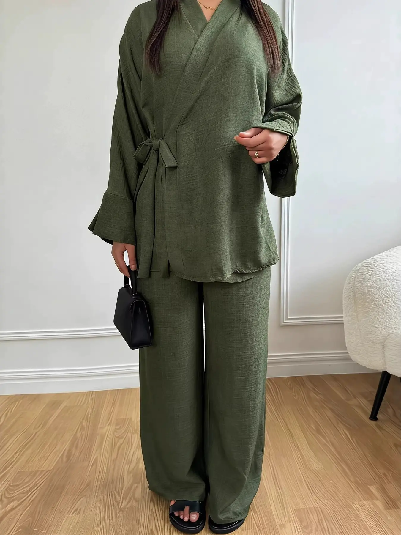 Women's Cross-Border Kimono Set, Oversize Loose Long Sleeve Top with Wide Leg Pants, Casual Elegant Fashion Two-Piece, Ideal for Everyday and Daily Wear and Commuting, Clothes