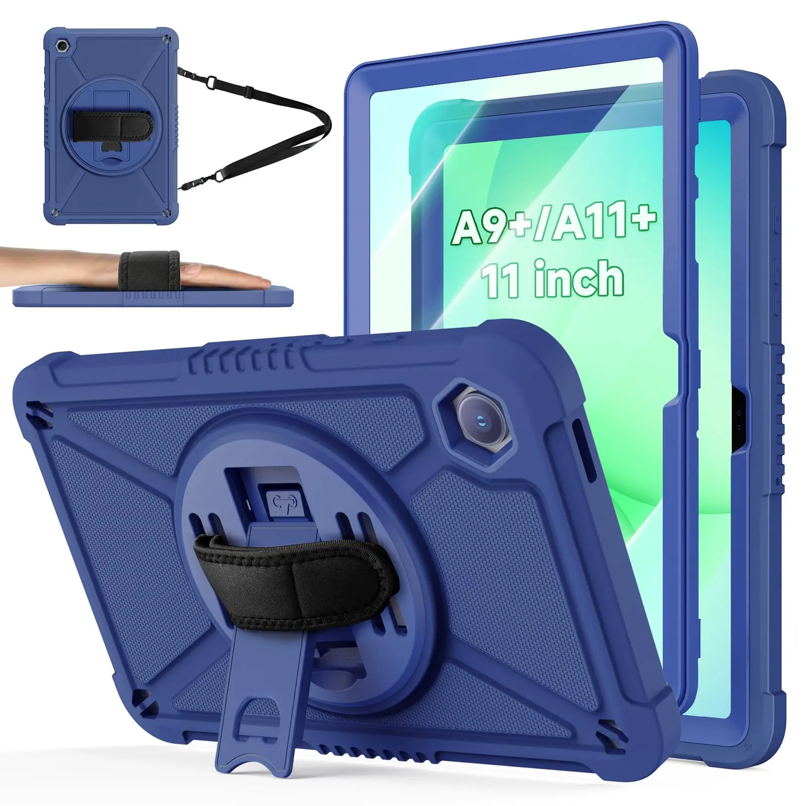 ZtotopCases Shockproof Hard Duty Tablet Cover & Casing for Samsung Galaxy Tab A11+/A9+ 11-in 2025/2023, with Screen Protector, 360-Rotating Hand Strap & Stand, Shoulder Strap - Blue Tablet Accessories for Protection