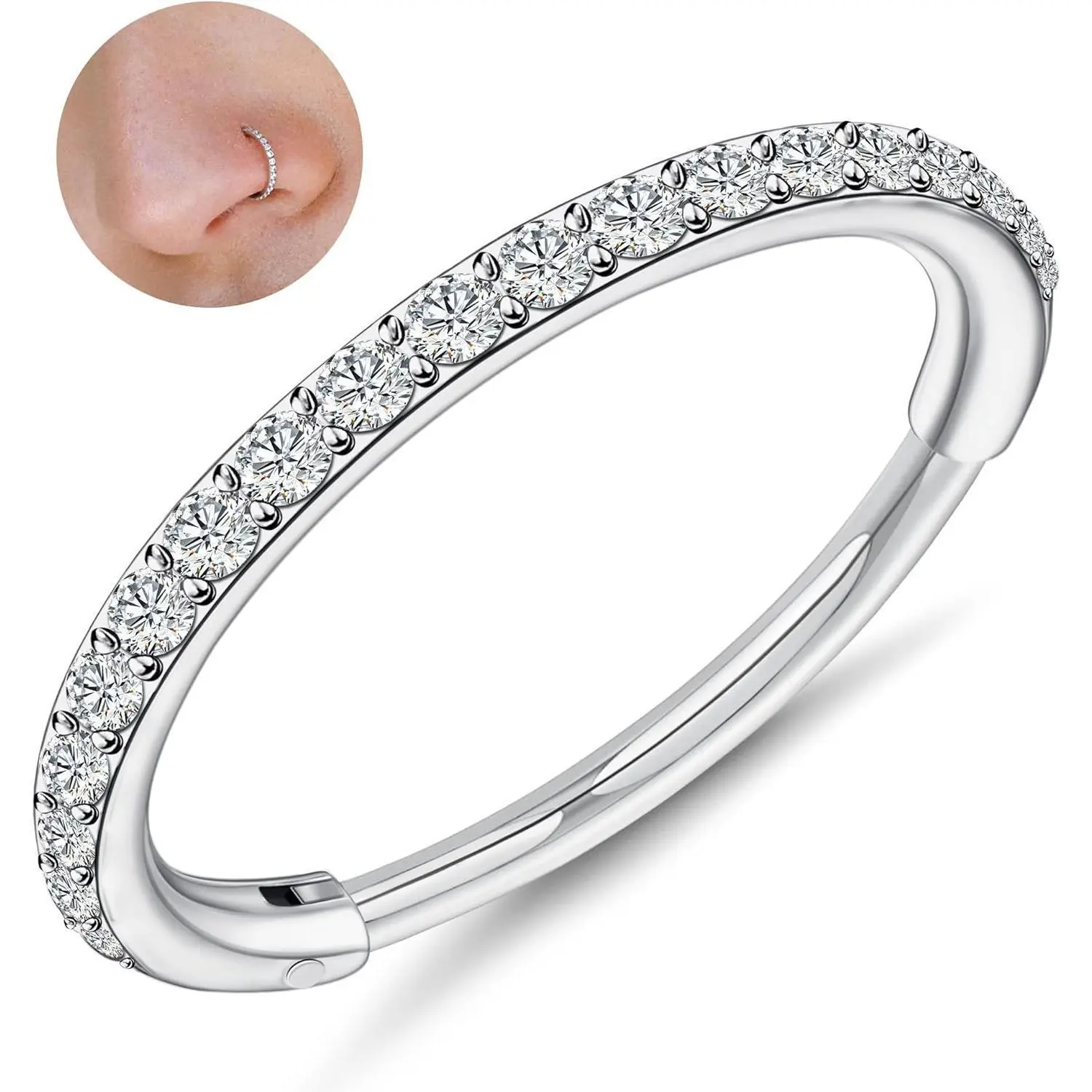 CASSIECA 1-Count G23 Titanium Unisex Nose Ring, 16G/18G/20G Hinged Segment CZ Paved Clicker Rings, 6mm/8mm/10mm for Septum, Cartilage, Daily Wear