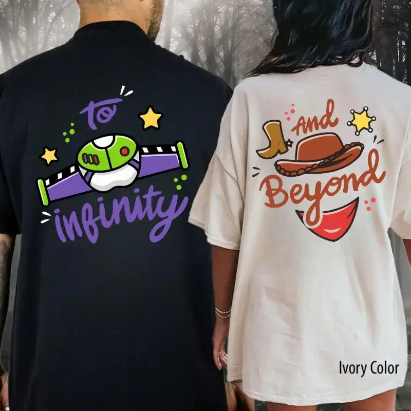 Women's Cotton Round Neck "To Infinity and Beyond" Graphic T-Shirt - Cotton Hoodie, Direct-to-Film Print, Character-Themed Casual Streetwear, Funny Couple Matching Everyday Top