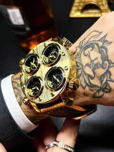 Trendy Personalized Watch, Four-Dial Multi-Time Zone, Leather Strap, Fashionable Men's Watch, Quartz Analog Wristwatch, All Seasons, Alloy Case, Quartz Movement