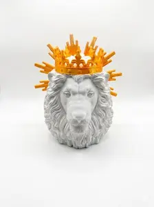 Majestic Lion Sculpture, 3D Printed Decorative Figure, Gold Crown, White, 6" H x 6" W x 6.5" D, Home & Office Decor