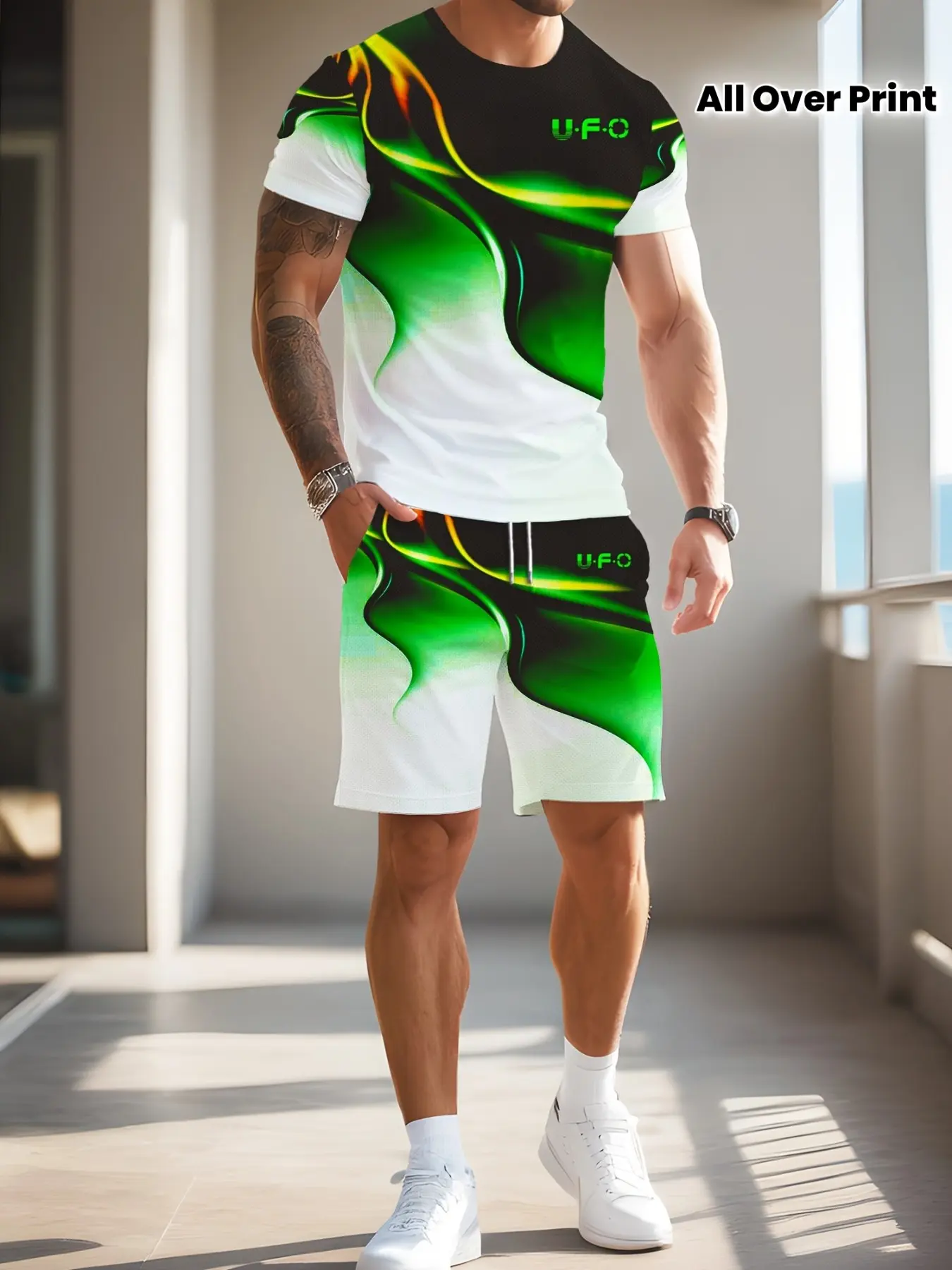 Ufc Joint Cool Full-Print Short Sleeve Shorts Set, Unisex Summer Sports Casual Two-Piece, Fitted Regular Length, All Seasons