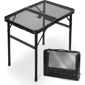2Ft Small Folding Table with Carry Handle, Adjustable Height 10.6–22 in, Black Metal Mesh, Portable & Compact Indoor/Apartment/Card/Side/Grill Table, 23.6*15.8 in, 4 lb, 66 lb Capacity