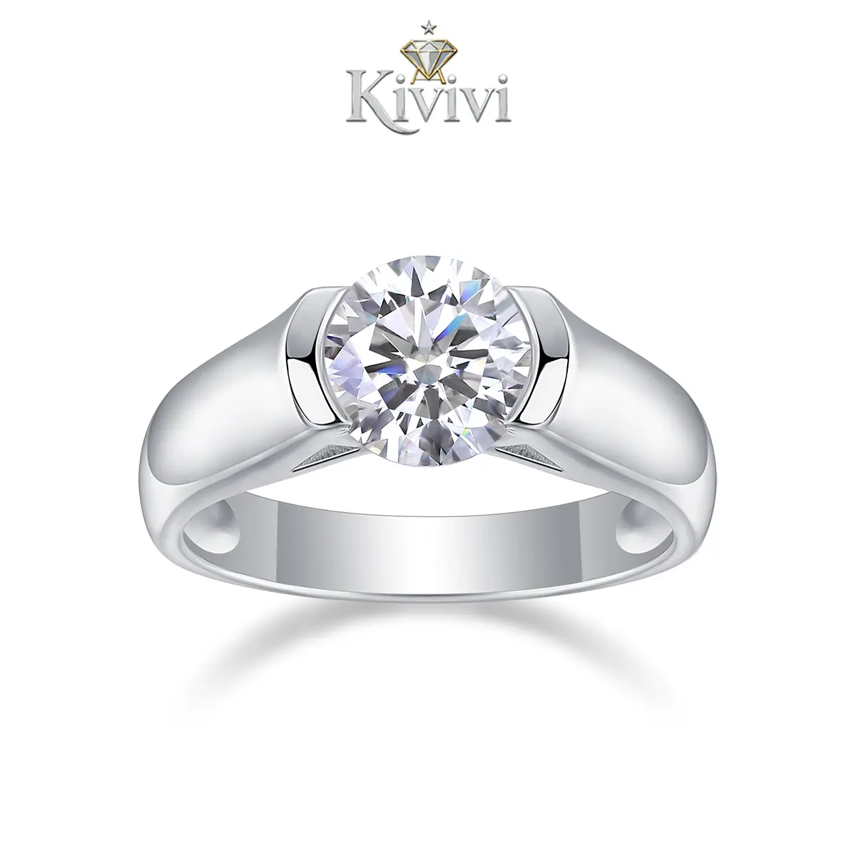 Classic semi-bezel 2-carat Moissanite ring, crafted from 925 silver plated with platinum, can be used as an engagement ring, wedding ring, date ring, everyday wear ring, Hypoallergenic ring，or birthday gift.
