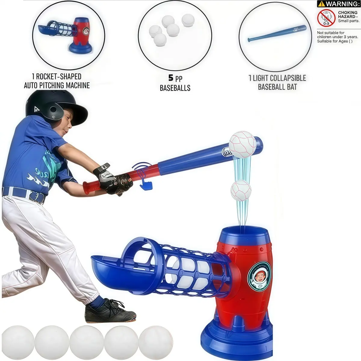 Electric Baseball Pitching Machine Toy, Automatic Launch with 5 Balls, Includes Bat, Suitable for Boys Girls over 3 Years, Backyard Baseball Set