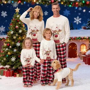 Christmas Family Matching Pajamas Set| Reindeer Print PJs for Adults Kids & Dog| Festive Plaid Sleepwear Xmas Gift"