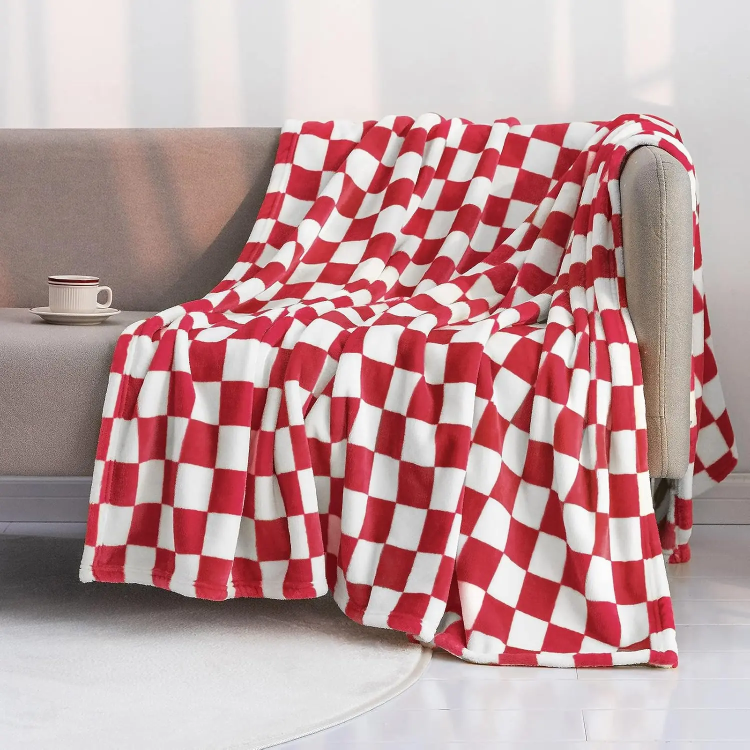 Flannel Checkerboard Grid Pattern Throw Blanket - Luxurious, Warm, Cozy for Couch, Bed, All Seasons