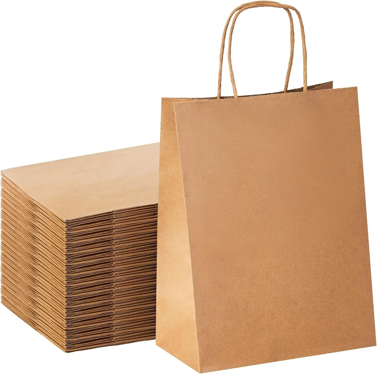 Bulk Recycled Eco-Friendly Kraft Paper Carrying Bags with Handles - Solid Pattern White, Brown, Black for Office Gift, Retail Grocery, Restaurant Takeout Use, Recycled Paper